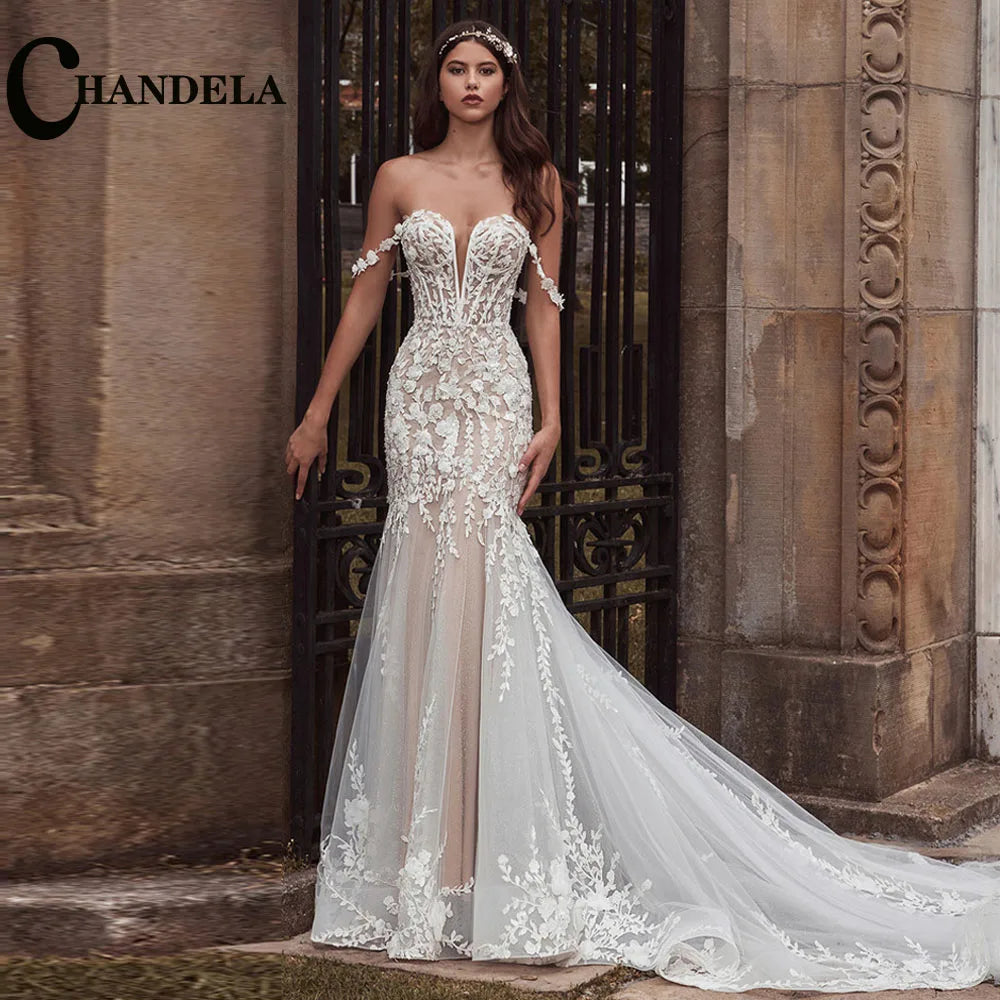 Elegant Off Shoulder Mermaid Wedding Dress With Custom Made Lace Appliques