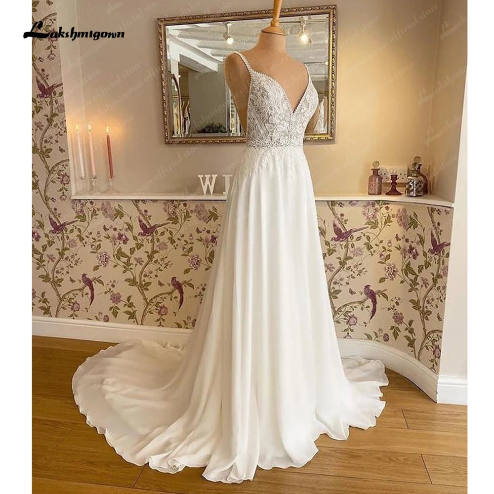 Illusion Lace A Line Chiffon Beach Wedding Dress With Open Back