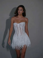 Custom White Lace Mini Wedding Dress Strapless Sheath With Tassel