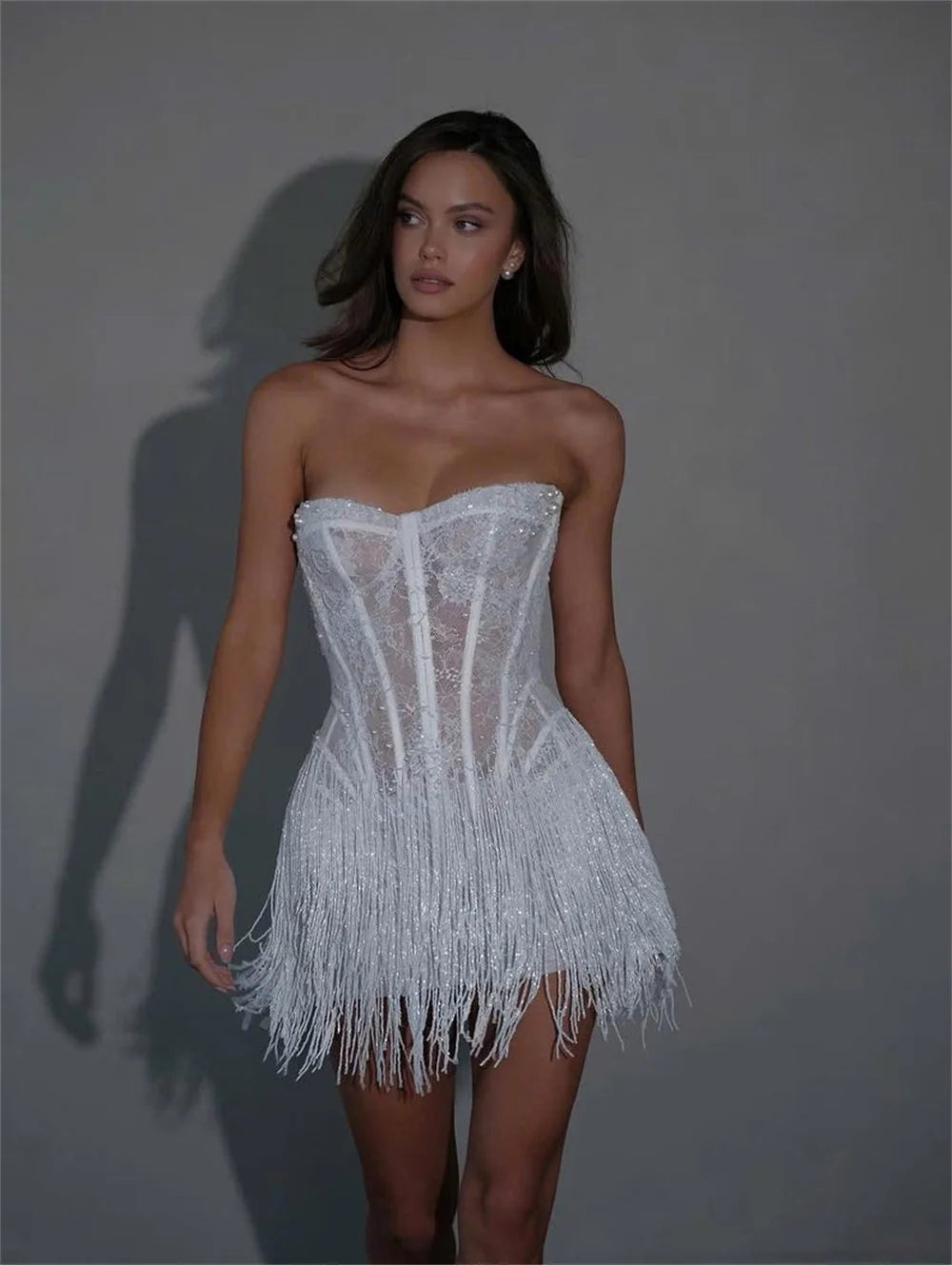 Custom White Lace Mini Wedding Dress Strapless Sheath With Tassel