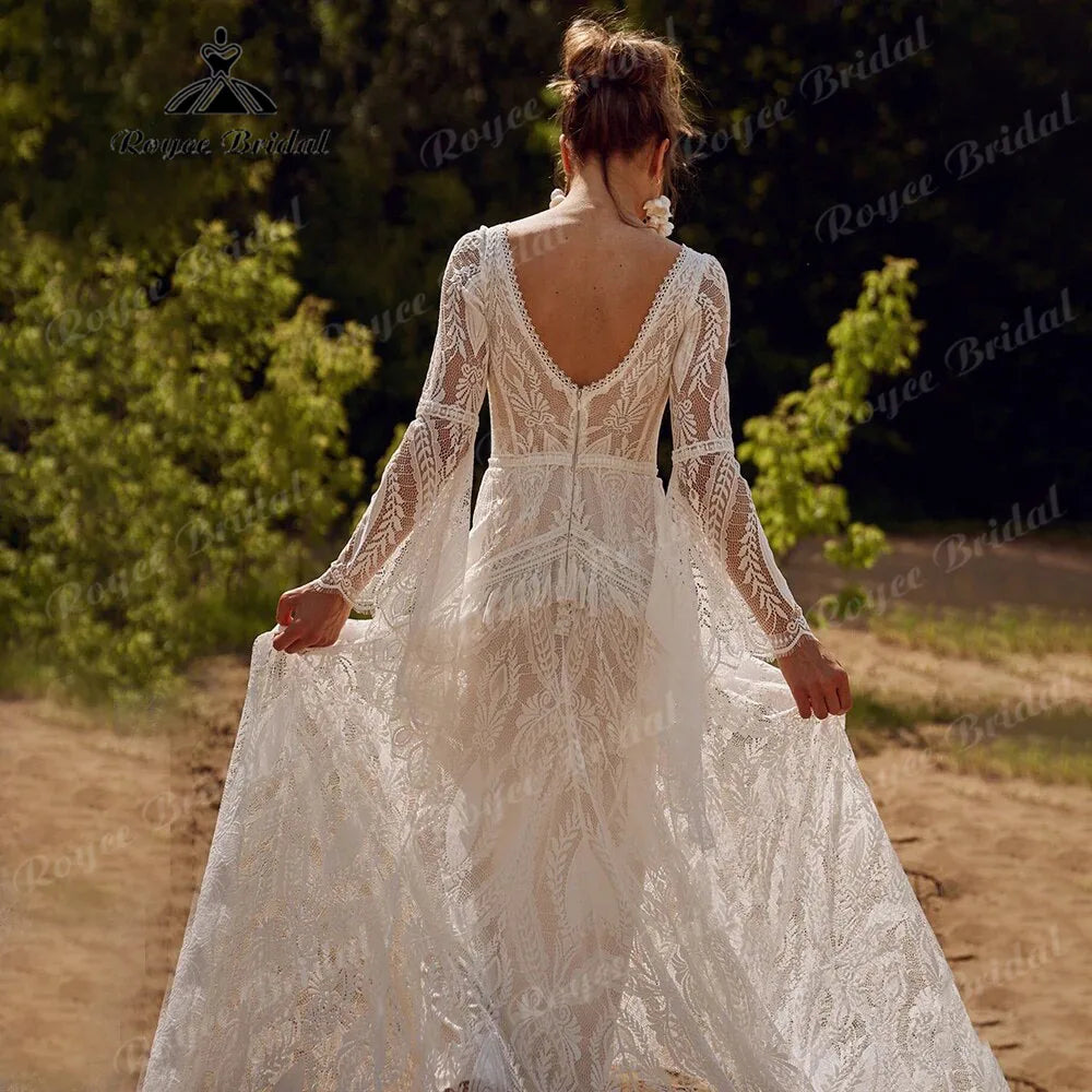 Lace Long Sleeve Mermaid Wedding Dress Boho Bridal Gown Custom Made