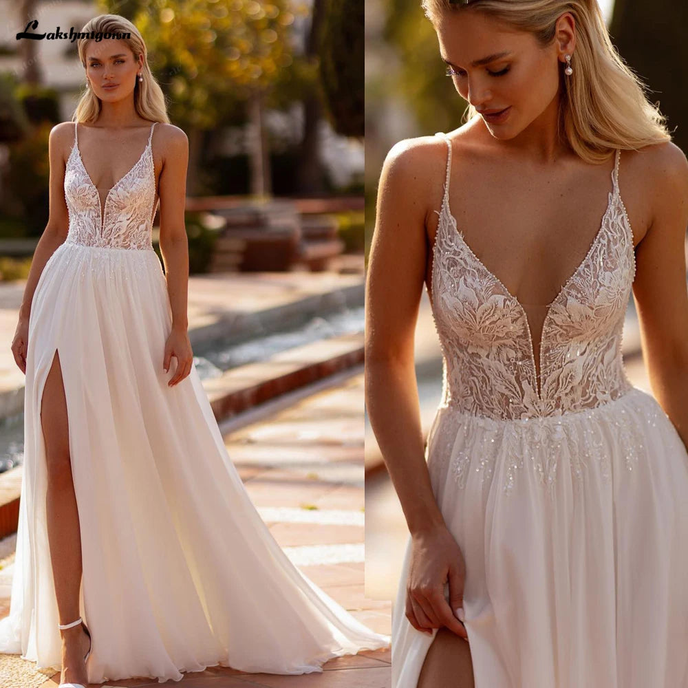Lakshmigown A Line Chiffon Wedding Dress Deep V Neck Sleeveless