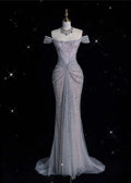 Vestido largo de noche y baile con lentejuelas y cuentas, tul lila brillante, estilo sirena, con escote barco Y8054