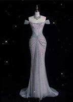 Vestido largo de noche y baile con lentejuelas y cuentas, tul lila brillante, estilo sirena, con escote barco Y8054