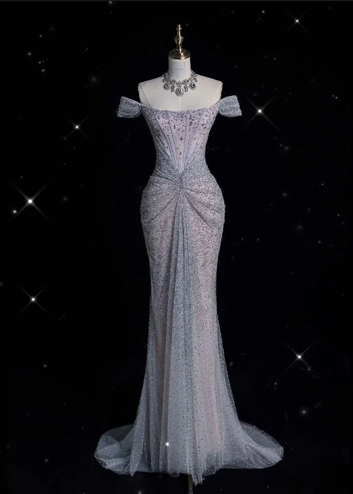 Vestido largo de noche y baile con lentejuelas y cuentas, tul lila brillante, estilo sirena, con escote barco Y8054