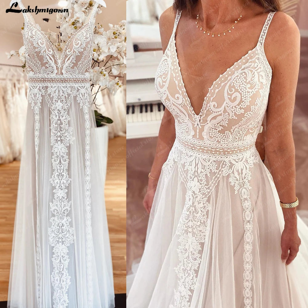 Custom Summer Boho A Line Wedding Dress With Lace V Neck