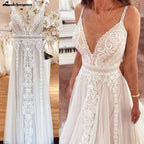 Custom Summer Boho A Line Wedding Dress With Lace V Neck