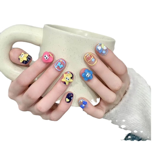 Uñas postizas cortas, redondas, con ojos pequeños, pintadas a mano, removibles 