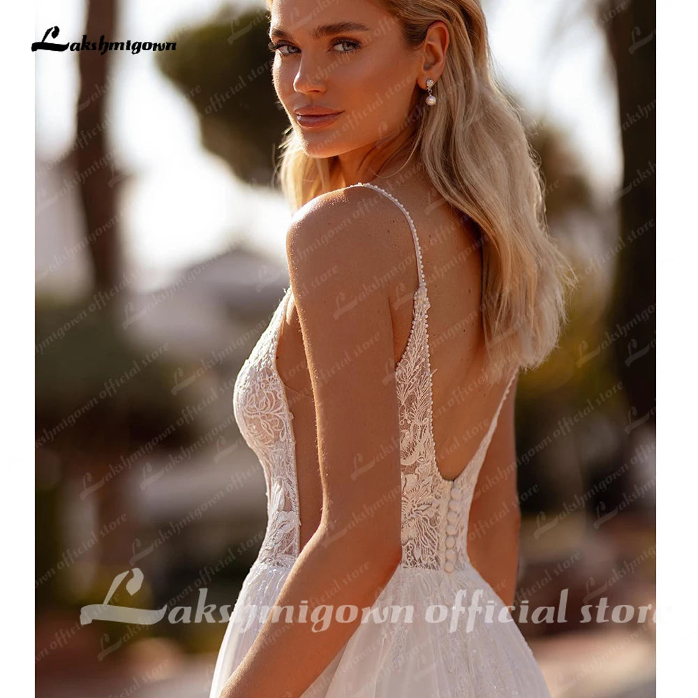 Lakshmigown A Line Chiffon Wedding Dress Deep V Neck Sleeveless