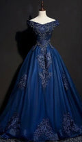 Abito da sera unico con applicazioni di paillettes in tulle scollato a barca, linea a trapezio, blu navy Y8377
