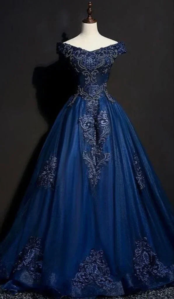 Abito da sera unico con applicazioni di paillettes in tulle scollato a barca, linea a trapezio, blu navy Y8377