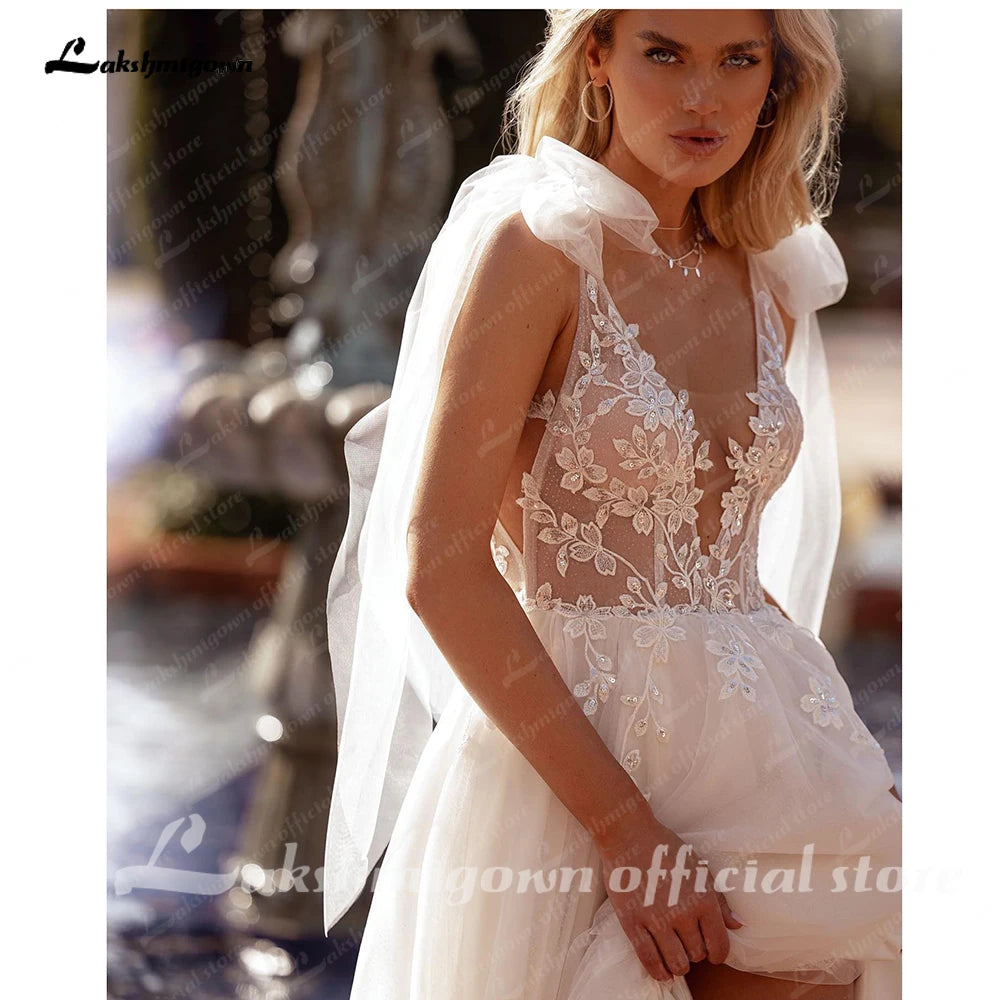 Custom Plus Size Split Wedding Dress With Lace Appliques Deep V Neck Bridal