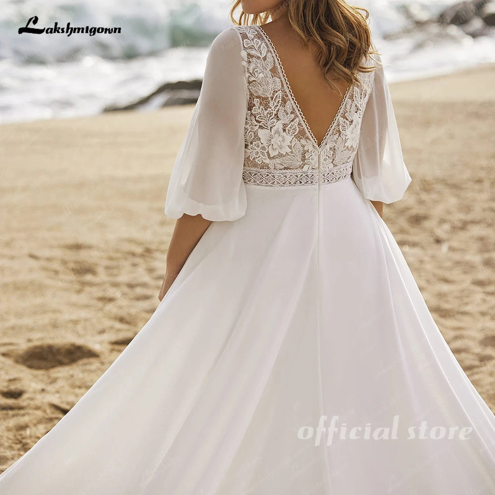 Lakshmigown Chiffon Wedding Dresses Plus Size V Neck 3/4 Sleeves Bride Gowns Appliques Floor Length A-Line Vestido Customized