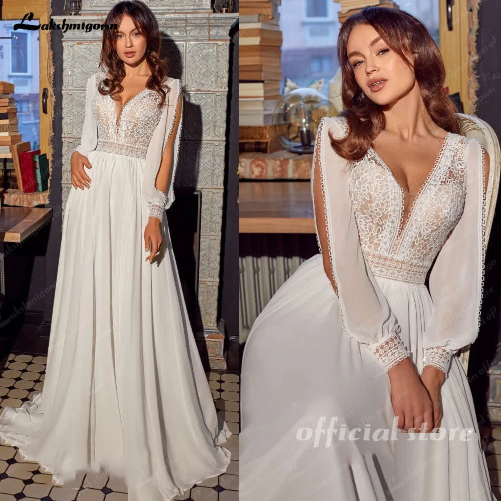 Lakshmigown Boho Chiffon Wedding Dress Long Sleeves Lace Custom Bridal Gown