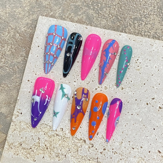 Venta caliente, diseño popular de uñas postizas coloridas con estampado de almendras largas y puntiagudas, uñas postizas tipo ballet. 
