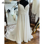 Plus Size Beach Wedding Dress V Neck Pleated Lace Cut Out Train