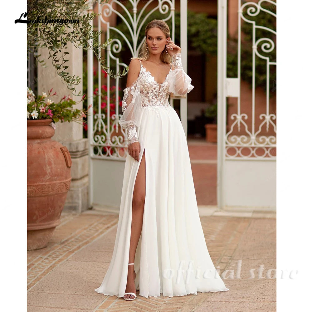 Lakshmigown Custom Spaghetti Strap Chiffon Boho Beach Wedding Dress