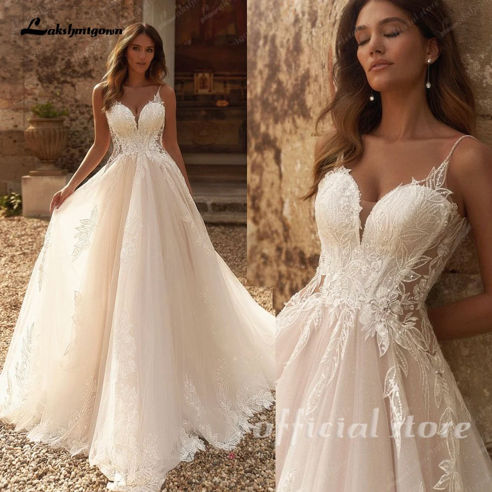 Customized A Line Spaghetti Strap Sweetheart Flowers Applique Wedding Gown