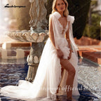 Custom Plus Size Split Wedding Dress With Lace Appliques Deep V Neck Bridal