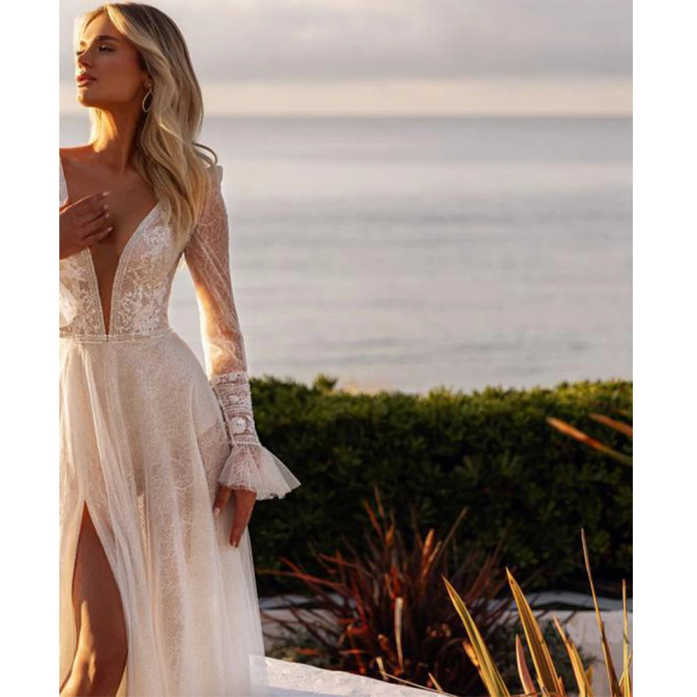 Romantic A Line Wedding Dress Long Sleeves Lace Appliques Custom Bridal Gown