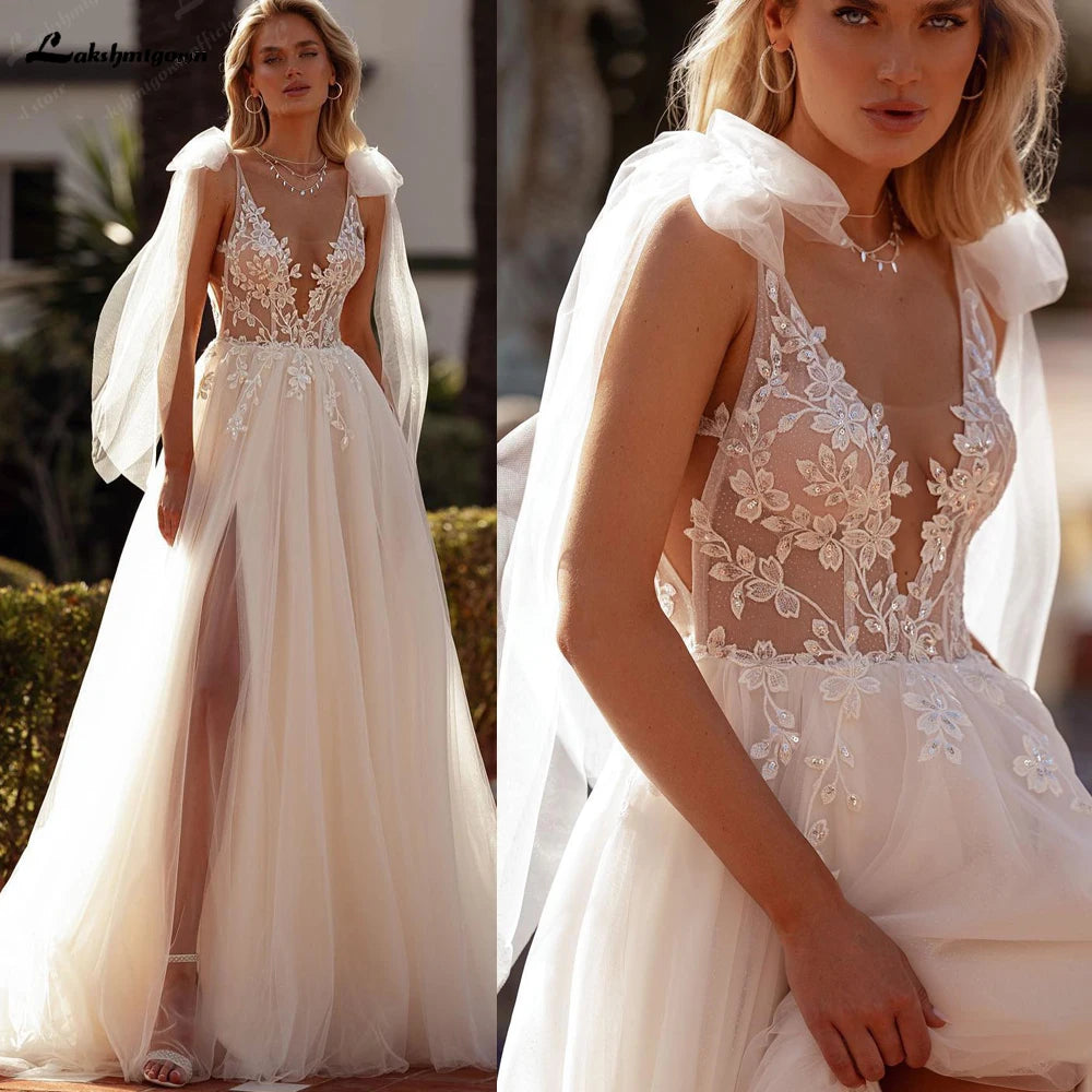 Custom Plus Size Split Wedding Dress With Lace Appliques Deep V Neck Bridal