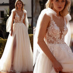 Custom Plus Size Split Wedding Dress With Lace Appliques Deep V Neck Bridal