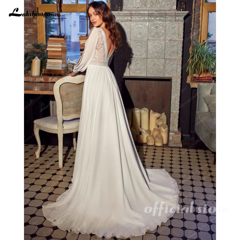 Lakshmigown Boho Chiffon Wedding Dress Long Sleeves Lace Custom Bridal Gown