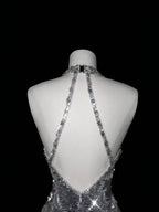 Abito da sera argento scintillante con scollatura a V profonda, collo allacciato, paillettes e perline, senza schienale, modello sirena, abito da ballo Y8687