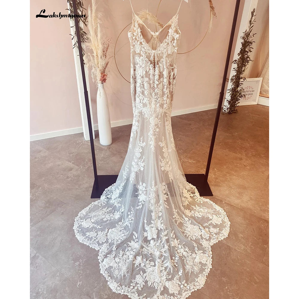Custom Made Champagne Lace Mermaid Wedding Dress With Spaghetti Straps