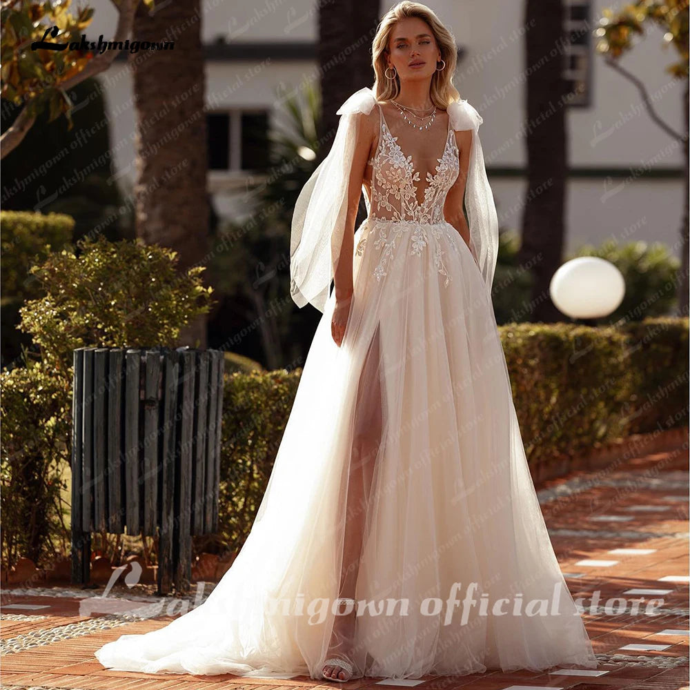 Custom Plus Size Split Wedding Dress With Lace Appliques Deep V Neck Bridal