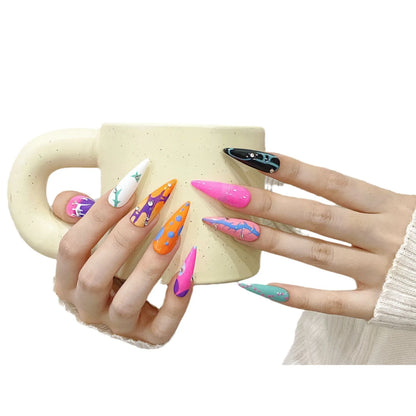 Venta caliente, diseño popular de uñas postizas coloridas con estampado de almendras largas y puntiagudas, uñas postizas tipo ballet. 