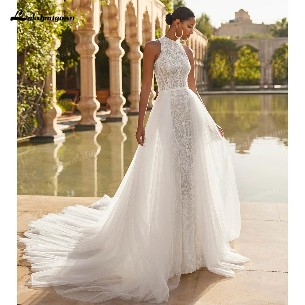 Custom Lace Mermaid Wedding Dress Tulle Detachable Train Halter Backless Gown