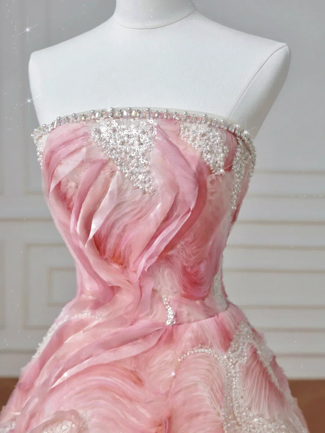 Robe de bal princesse d'anniversaire rose rêve sans bretelles en satin imprimé à sequins Y8604