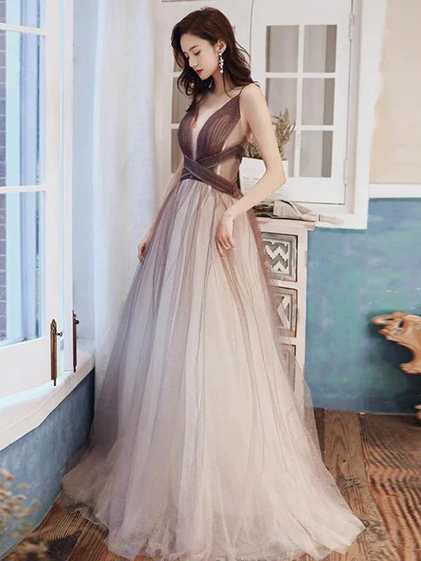 Vestidos compridos de baile de finalistas castanhos ombré com decote em V, vestidos formais castanhos ombré até ao chão para cerimónias Y1820