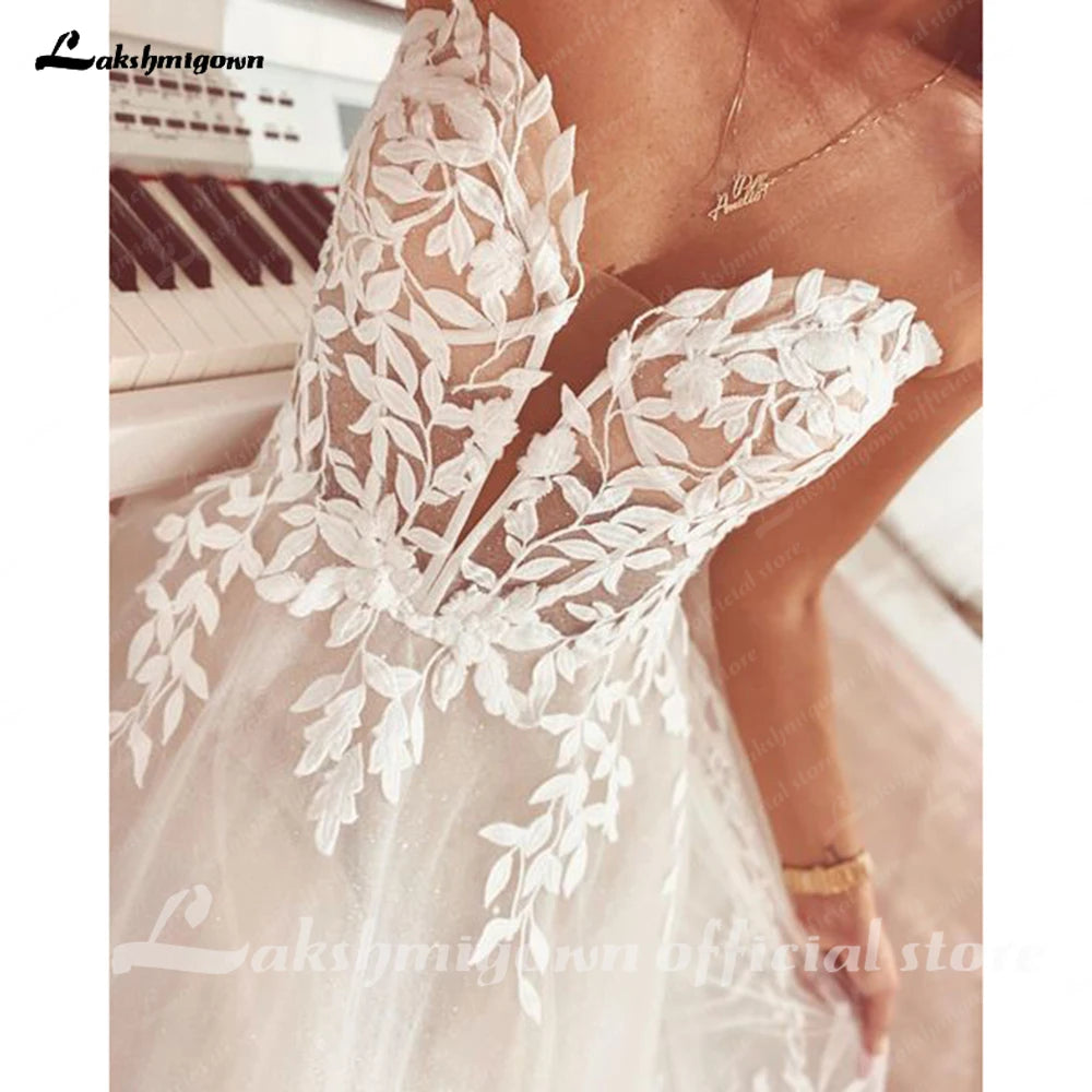 Custom Sweetheart A Line Wedding Dress With Glitter Lace Applique