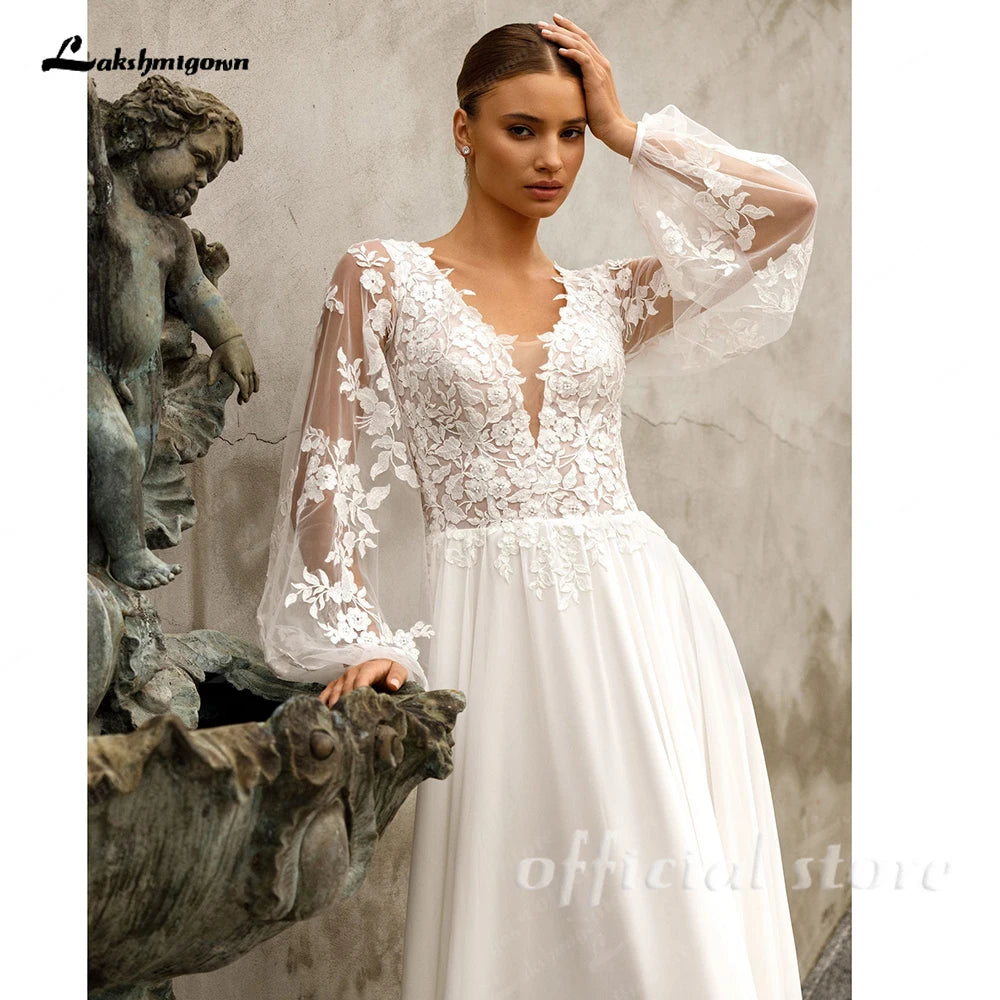 Lakshmigown Customized A Line Chiffon Wedding Dress V Neck Gown