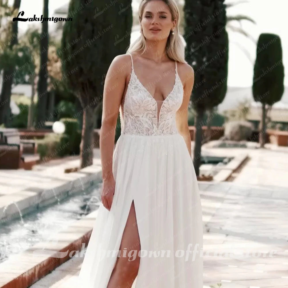 Lakshmigown A Line Chiffon Wedding Dress Deep V Neck Sleeveless