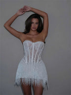 Custom White Lace Mini Wedding Dress Strapless Sheath With Tassel