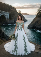 Custom Green Gothic Wedding Dress Off Shoulder Lace Boho Bride