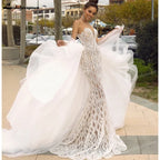 Stunning and Sexy Strapless 2 In 1 Mermaid Wedding Dress With Detachable Train Chic Lace Bride dress vestidos de noche