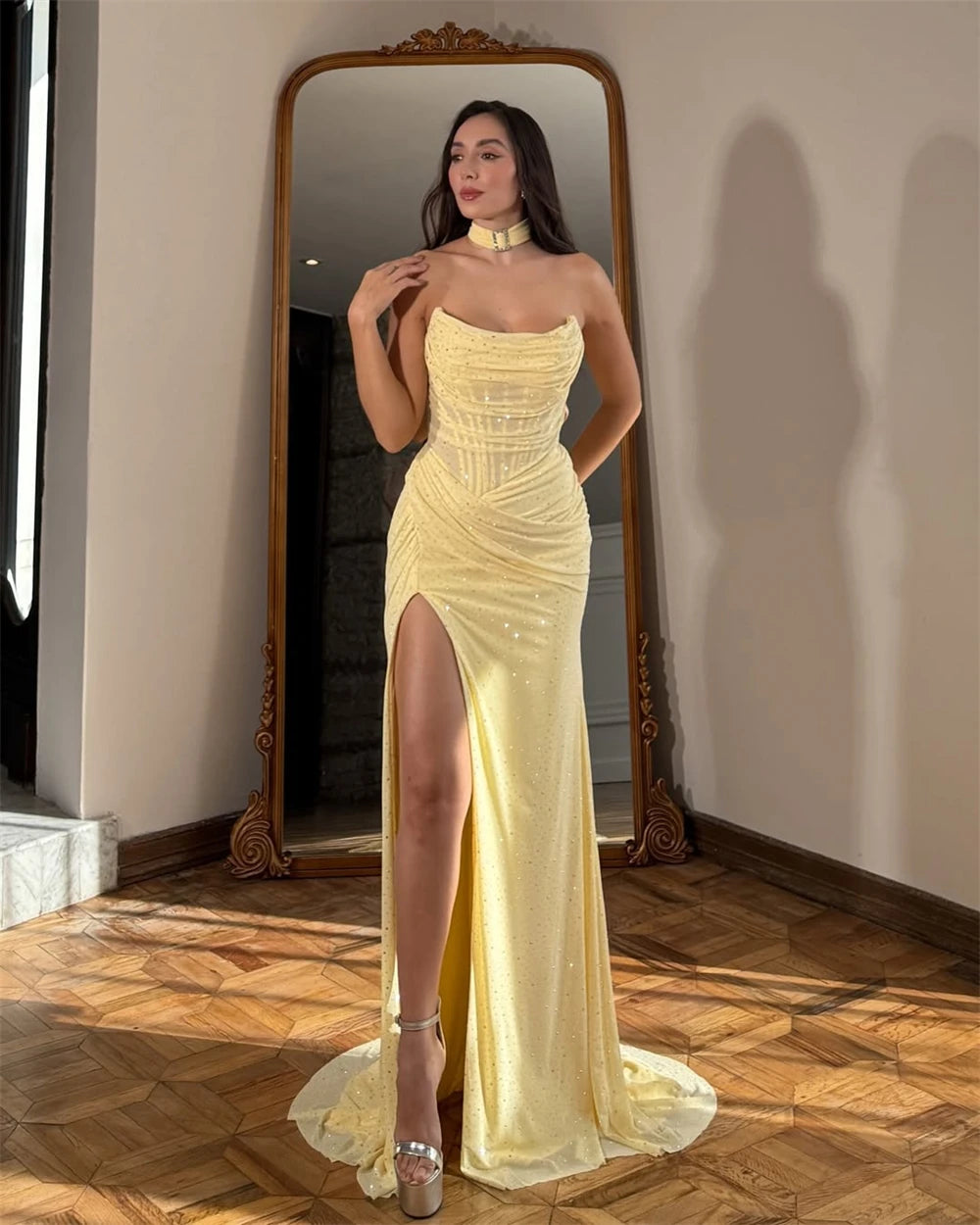 Sansa Customized Yellow Mermaid Strapless Side Split Prom Dress Corset Pleats Vestidos De Noche Floor-Length Formal Evening 2026