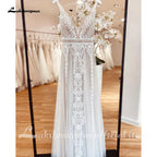 Custom Summer Boho A Line Wedding Dress With Lace V Neck