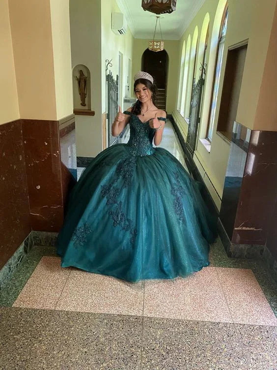 Vestido Verde de Baixo dos Ombros para Baile de Debutante Y6085