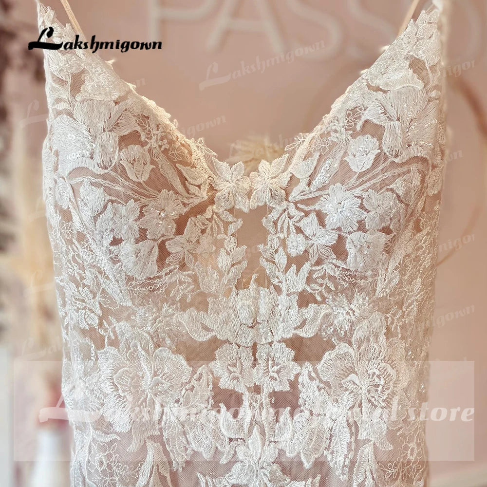 Custom Made Champagne Lace Mermaid Wedding Dress With Spaghetti Straps