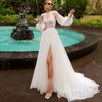 High Neck Tulle Wedding Gown With Removable Sleeves Slit Custom Bridal Dress