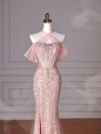 Elegante abito da sera lungo color rosa con scollo all'americana, paillettes, perline e tulle, modello sirena, abito da ballo Y8620