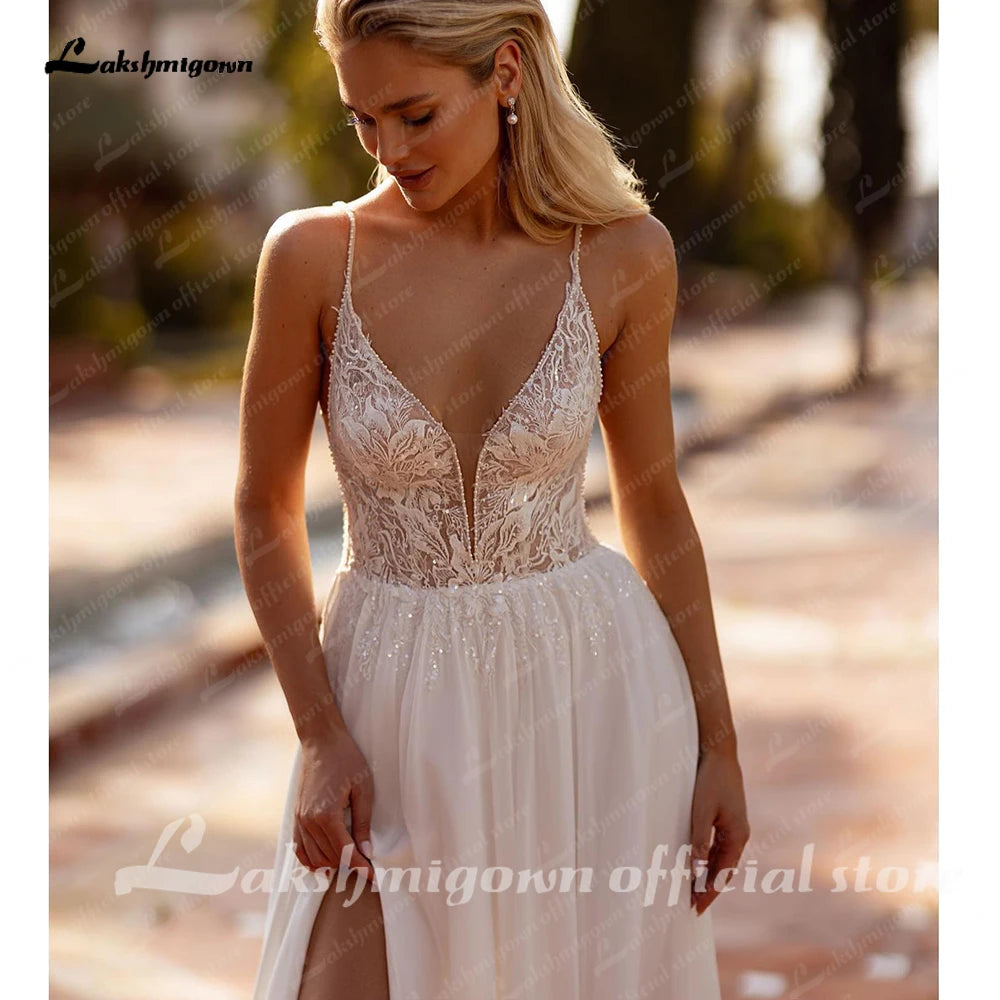 Lakshmigown A Line Chiffon Wedding Dress Deep V Neck Sleeveless