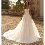 Customized A Line Spaghetti Strap Sweetheart Flowers Applique Wedding Gown