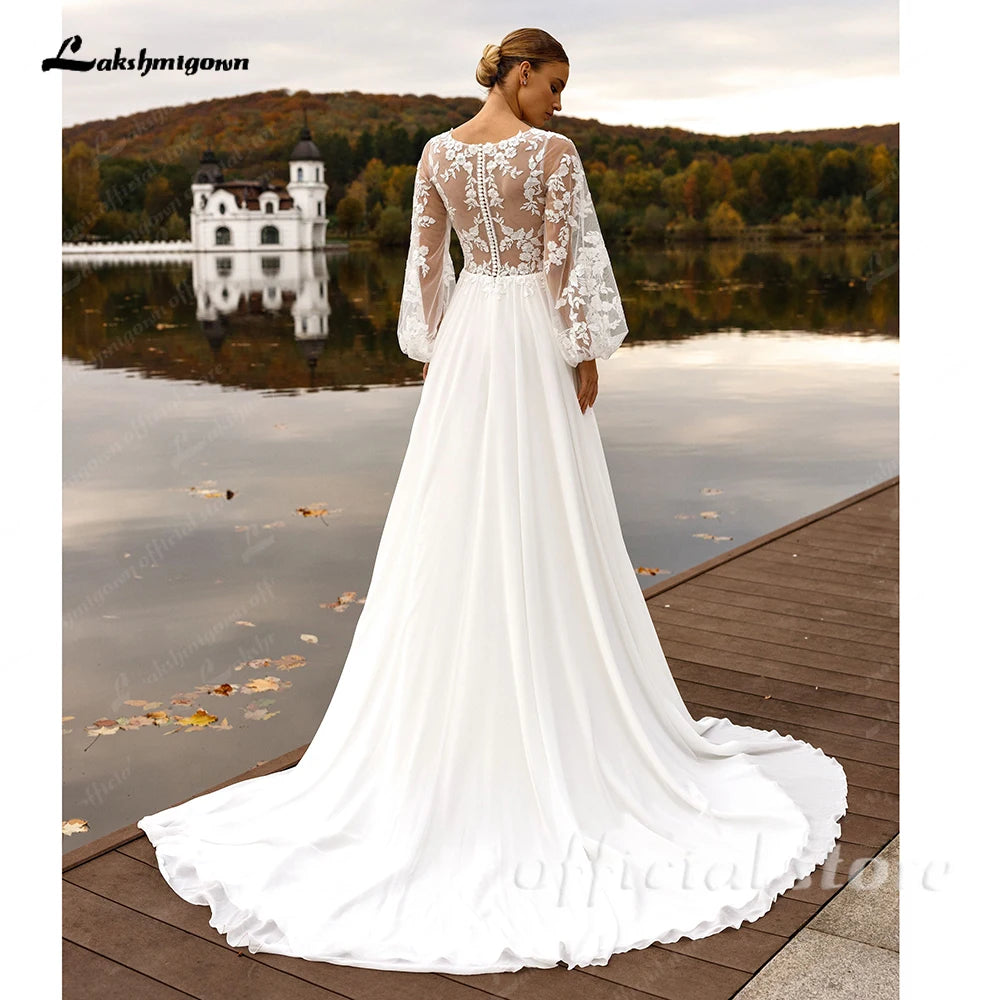 Lakshmigown Customized A Line Chiffon Wedding Dress V Neck Gown