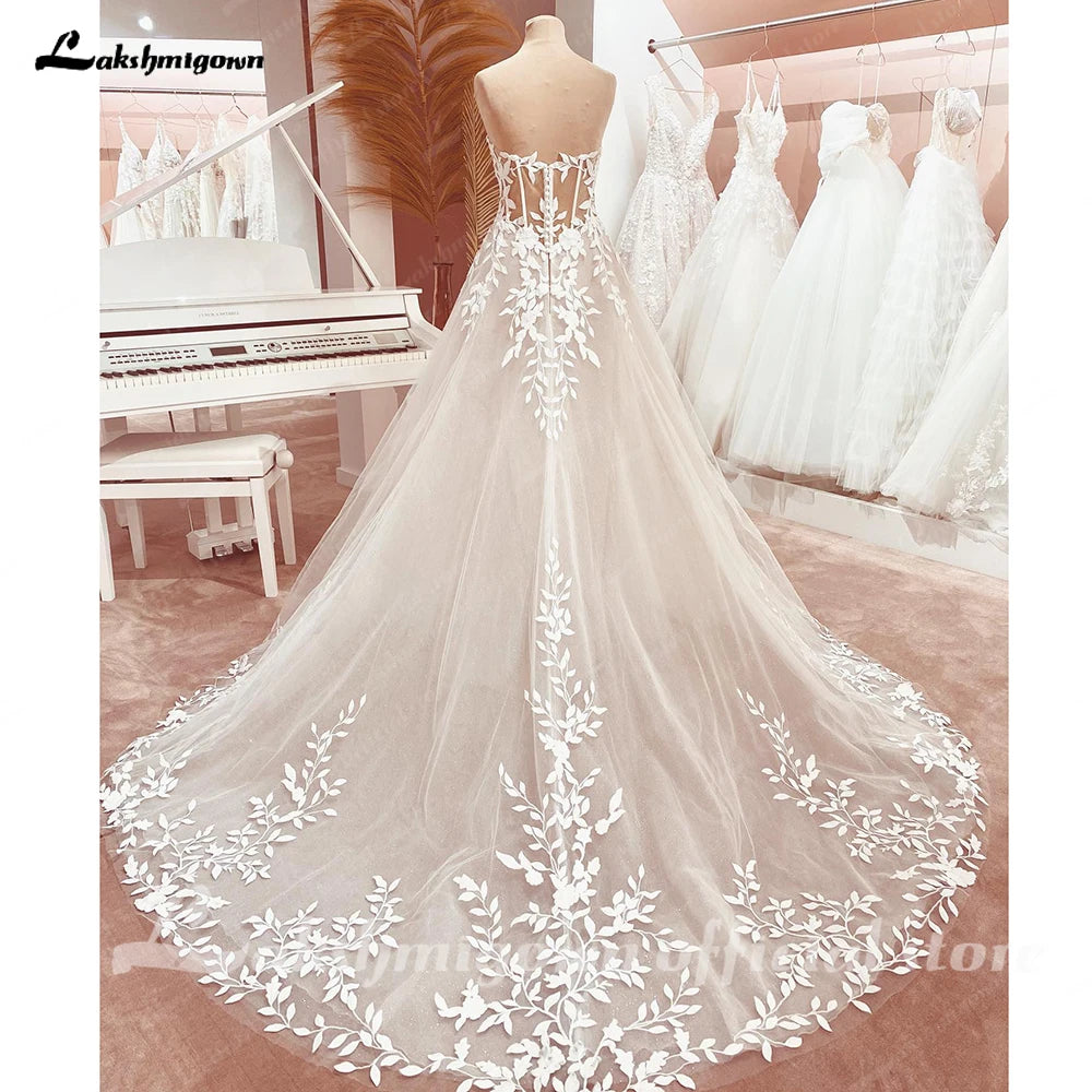 Custom Sweetheart A Line Wedding Dress With Glitter Lace Applique